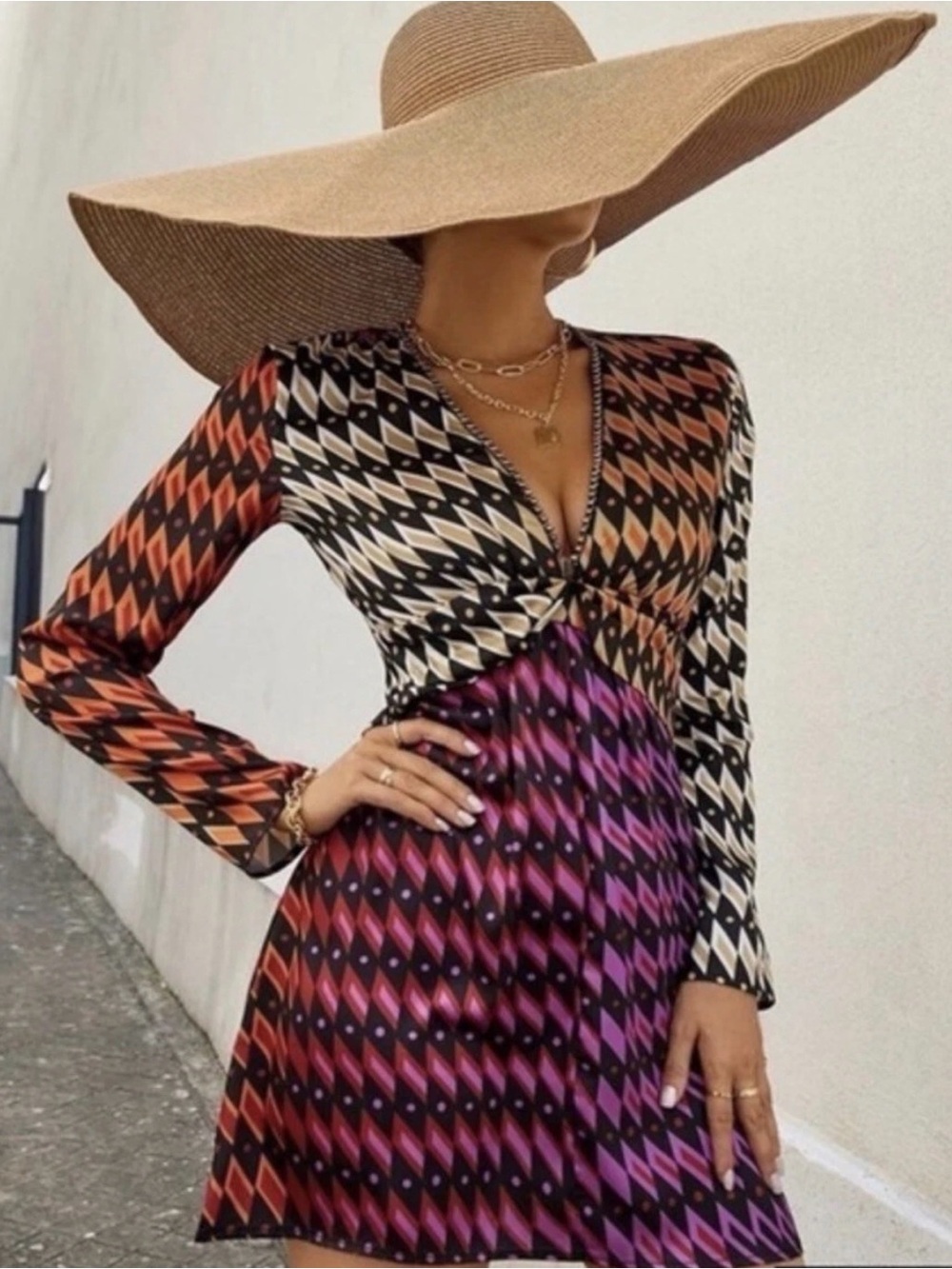 Zara Multicolor Printed Long‑Sleeve Mini Dress with Beaded Neckline - Picture 3 of 10